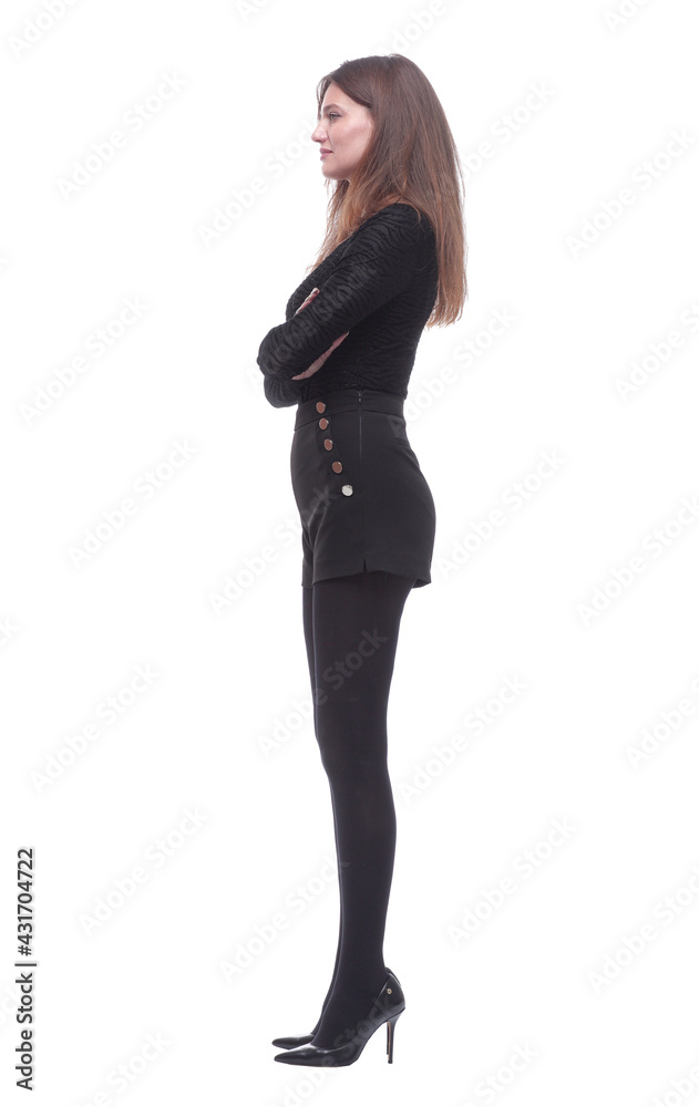 side view. attractive young woman looking at a white screen. side view. attractive young woman looking at a white screen.