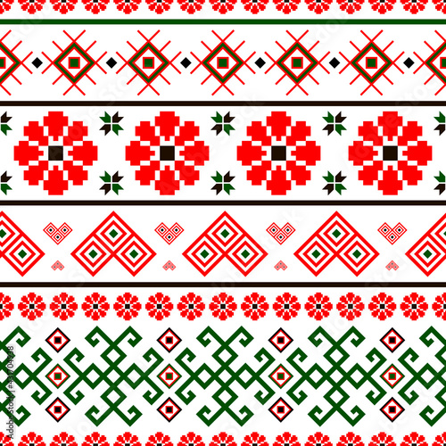 Bulgarian slavic balkan national folklore embroidery style red, white, green and black ornamental seamless vector pattern