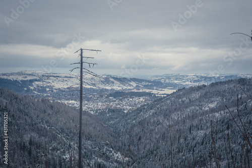 Zakopane town in the valley. The view from a hiking trail in Western Tatra Mountains, Poland. Winter in Podhale region. Selective focus on the ridge, blurred background. © juste.dcv