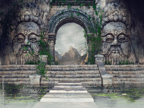 Ancient temple with stone heads, stairs, a pool and green ivy in the mountains. 3D render. photo