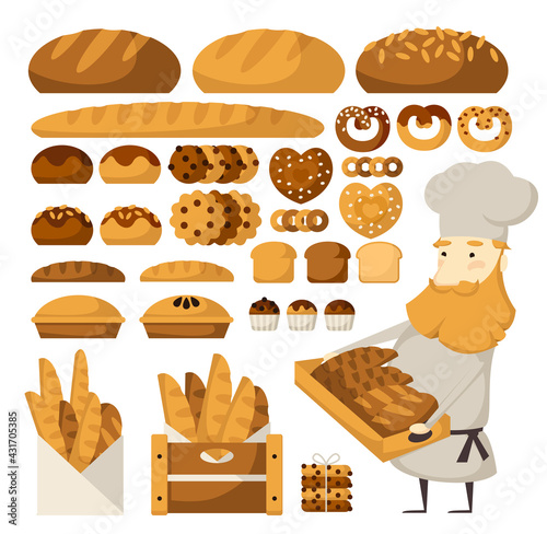 Set of bread products, bakery items, coffee shop elements and bakery showcase. Illustration for a bakery or cafe.