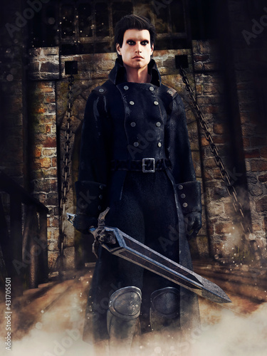 Photos Fantasy rogue fighter with a sword standing in front of a castle gate
