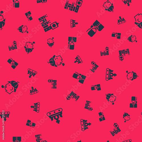 Set British crown, Big Ben tower, Sherlock Holmes and soldier on seamless pattern. Vector