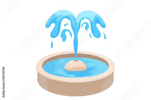 Fountain, city or garden decoration with water splashes in cartoon style isolated on white background. Classic round design, clip art.