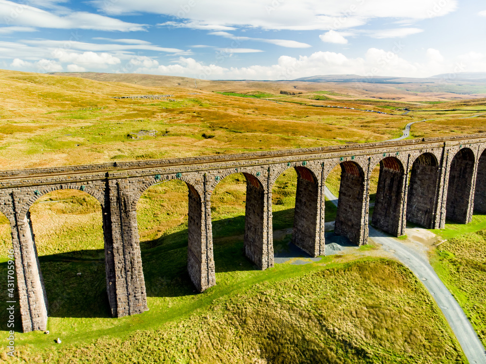 Aerial view of Ribblehead viaduct, located in North Yorkshire, the longest and the third tallest structure on the Settle-Carlisle line.