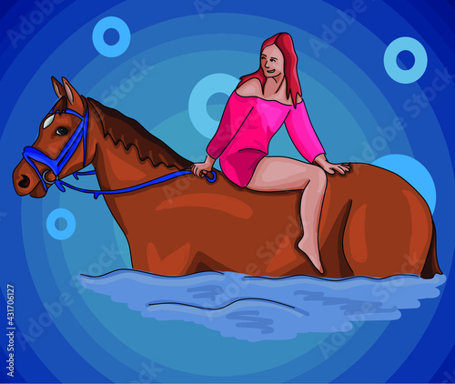 Colorful vector horse illustration for children, swimming with brown mare