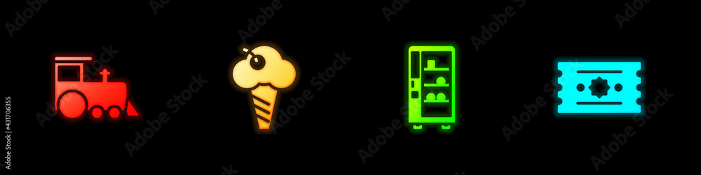 Set Toy train, Ice cream waffle cone, Vending machine and Ticket icon. Vector Set Toy train, Ice cream waffle cone, Vending machine and Ticket icon. Vector