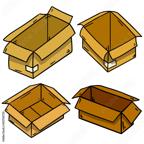 Box. Set of cardboard containers. Objects for packing and moving. Hand drawn illustration. Empty package. Parcel and mail