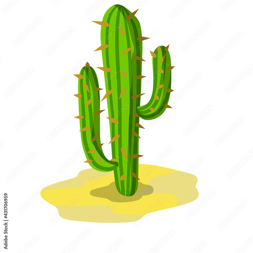Obraz premium Cactus in the desert. Big Mexican plant. Green succulent. Element of the southern tropical summer landscape. Flat cartoon illustration