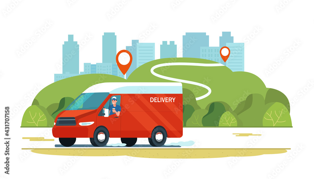 Cargo van with driver on the road against the backdrop of a rural landscape. Vector flat style illustration.