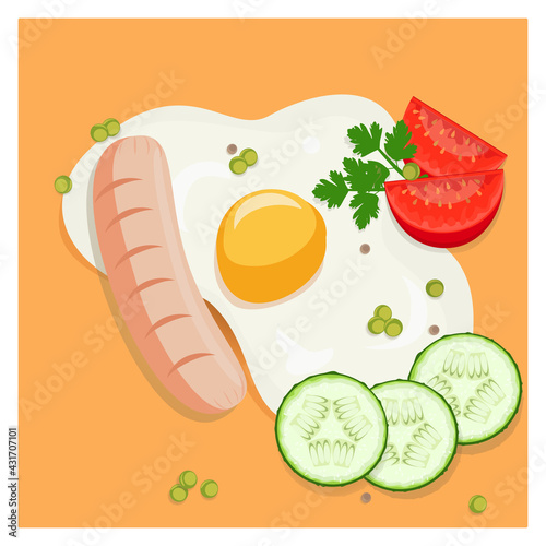 Scrambled eggs with sausage, cucumber, tomatoes and green peas, seasoned with herbs. International and national dish. Egg dish. Vector.