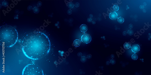 Water molecule  abstract background. Wireframe low poly style.  Science, biotechnology, chemistry,  medical concept. Isolated on dark blue background. Vector illustration.