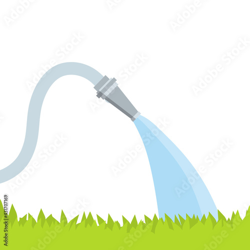 Hose. Jet of water. Fire fighting and watering of the lawn. Grey tube. Green lawn and grass. Flat cartoon illustration