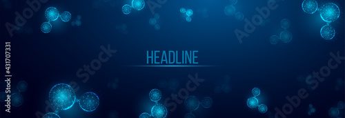 Water molecule  abstract background. Wireframe low poly style.  Science, biotechnology, chemistry,  medical concept. Isolated on dark blue background. Vector illustration.