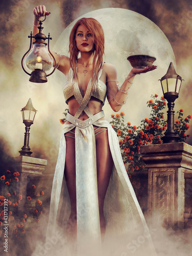 Εκτύπωση καμβά Fantasy priestess in a white dress holding a lantern and a bowl, standing among roses