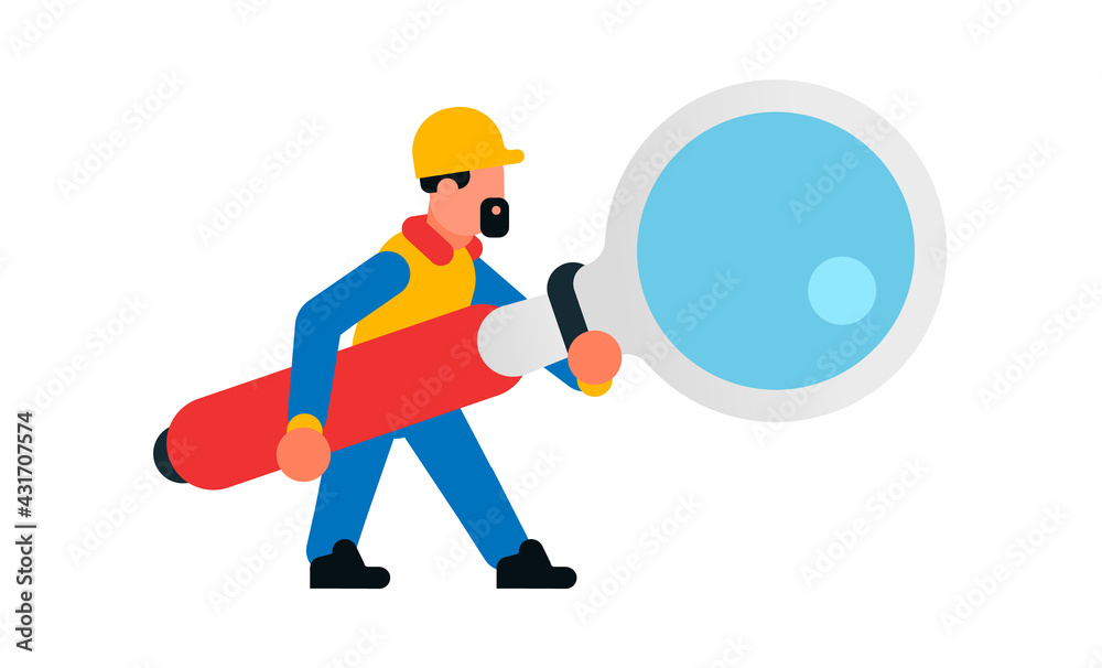Worker holding a large magnifying glass. Builder with a magnifying glass. Search, research, study, increase, spy. Isolated vector illustration on white background.