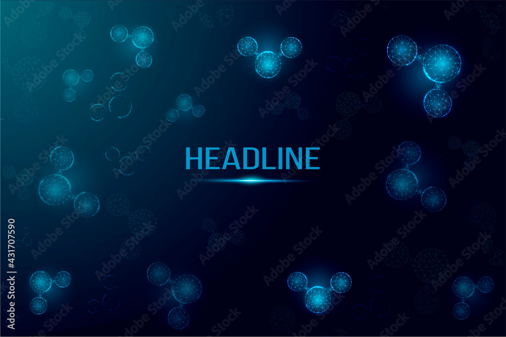 Fototapeta premium Water molecule abstract background. Wireframe low poly style. Science, biotechnology, chemistry, medical concept. Isolated on dark blue background. Vector illustration.