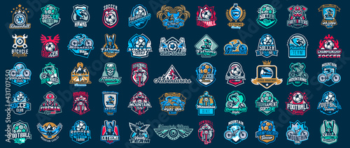 Huge set of colorful sports logos, emblems. Extreme and team sports logos. Mountain bike, surfing, soccer ball, skier, eagle, firefighter, skull. Vector illustration isolated on background.