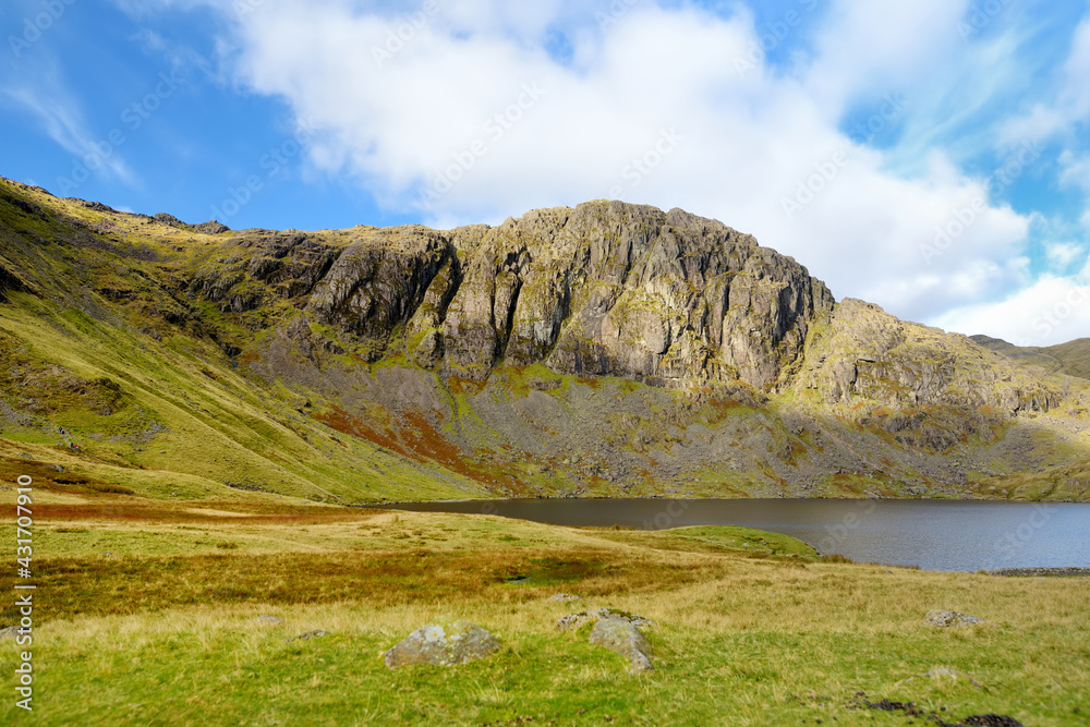 Clear waters of Stickle Tarn lake, located in the Lake District, Cumbria, UK