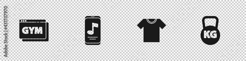 Set Online fitness and training, Music player, T-shirt and Kettlebell icon. Vector