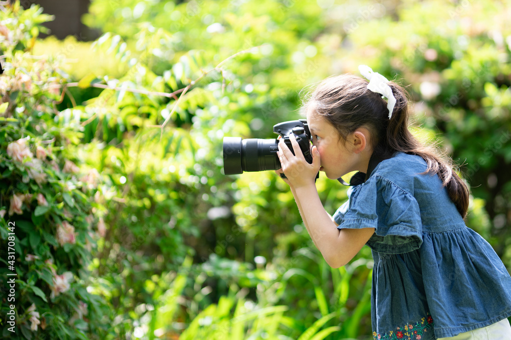 一眼レフカメラで猫の写真を撮る少女 Stock Photo Adobe Stock