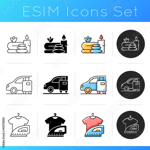 Hotel services icons set. Porter service for helping customers to transfer their bags. Car parking for visitors. Linear, black and RGB color styles. Isolated vector illustrations