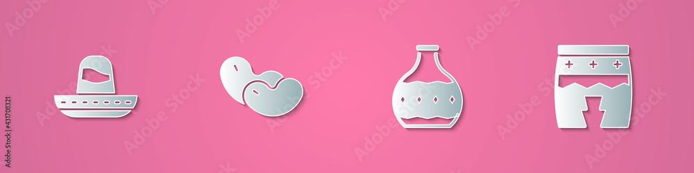 Set paper cut Mexican sombrero, Beans, Tequila bottle and Huehuetl icon. Paper art style. Vector Set paper cut Mexican sombrero, Beans, Tequila bottle and Huehuetl icon. Paper art style. Vector