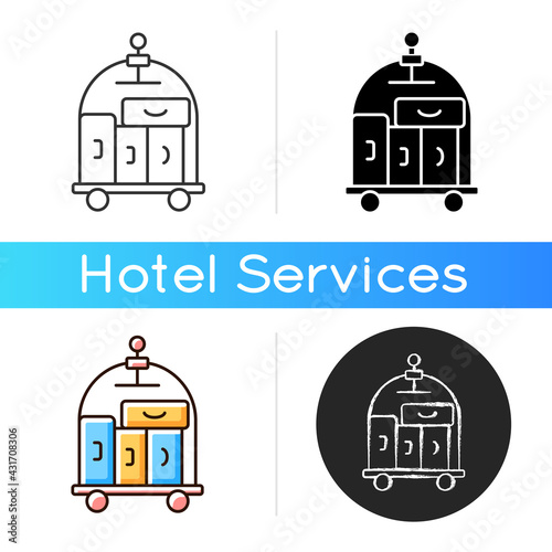 Porter service icon. Carrying guest luggage to the guests room. Escorting guests to their room. Outlining hotel facilities. Linear black and RGB color styles. Isolated vector illustrations