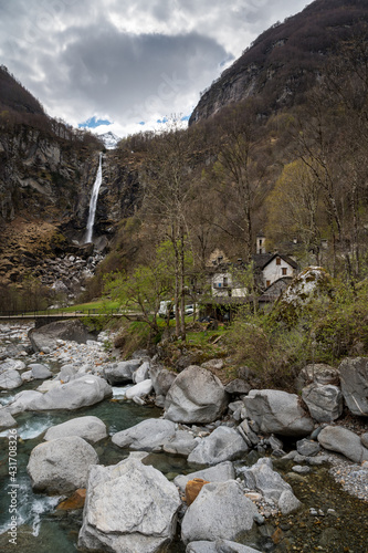 picturesque town of Foroglio with the impressive waterfall in spring, Valle di Bavona, Ticino