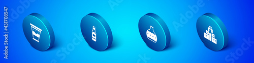 Set Isometric Mexican drum, Tequila bottle, Chichen Itza in Mayan and Tabasco sauce icon. Vector
