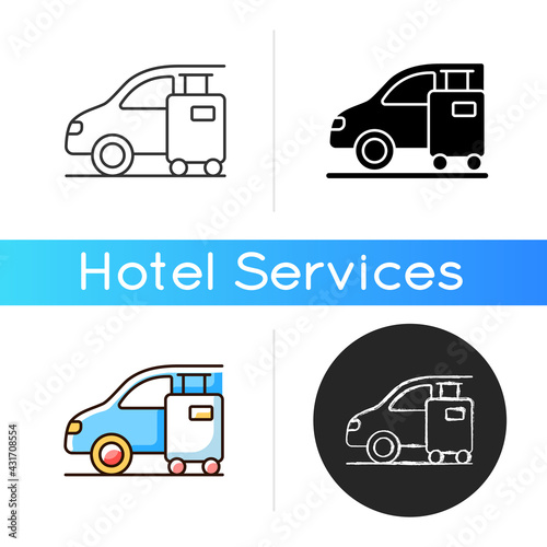 Transfer icon. Transfer refers to method by which customer gets from airport or arrival point to your hotel. Linear black and RGB color styles. Isolated vector illustrations