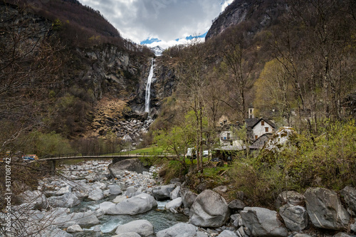 picturesque town of Foroglio with the impressive waterfall in spring, Valle di Bavona, Ticino photo