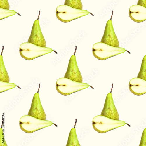 Green whole pear repeat seamless pattern on light background.