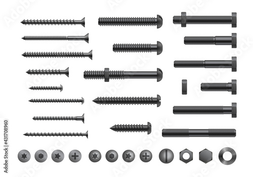 Realistic bolt, screw and nut collection. Metal nails, rivets head with washers. Repair set isolated