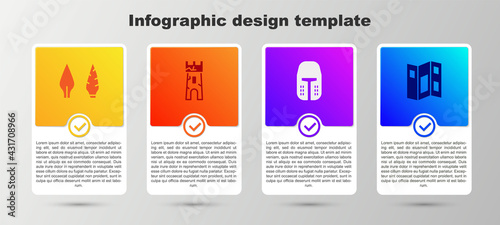 Set Stone age arrow head, Castle tower, Medieval iron helmet and Museum guide brochure. Business infographic template. Vector