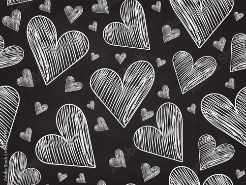 Beautiful vector seamless pattern with handwritten hearts, chalk writings on a blackboard