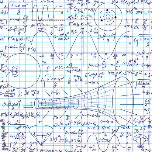 Educational "back to school" vector seamless pattern with handwritten mathematical and physical formulas figures and plots, copybook grid paper
