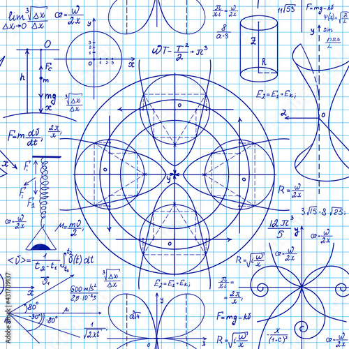 Math vector seamless pattern with handwritten mathematical and physical formulas on the copybook sheet of paper
