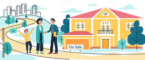 Mother and son buy or rent new country house or cottage. Realtor man signs a contract to sell the house, Moving to new home, vector illustration