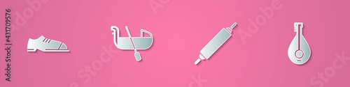 Set paper cut Men shoes, Gondola, Rolling pin and Mandolin icon. Paper art style. Vector