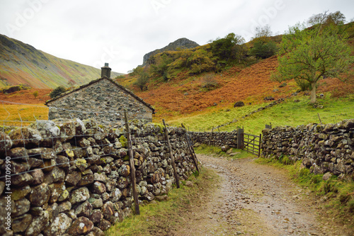 Footpath leading to Stonethwaite Beck, a small river formed at the confluence of Langstrath Beck and Greenup Gill beneath Eagle Crag, Cumbria, England photo