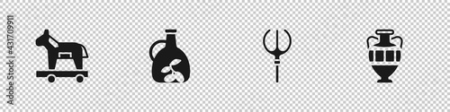 Set Trojan horse, Bottle of olive oil, Neptune Trident and Ancient amphorae icon. Vector