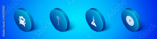 Set Isometric Medieval throne, Sword in the stone, Round wooden shield and Magic staff icon. Vector