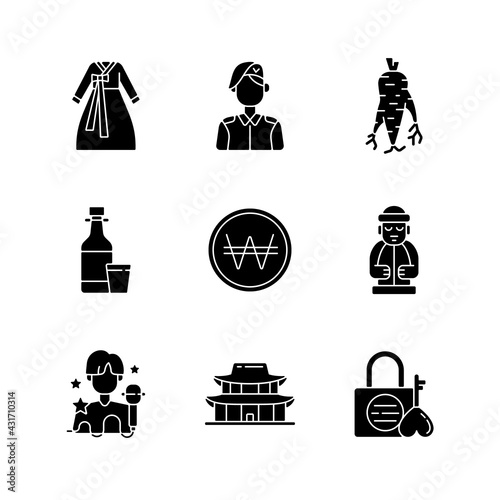 Culture of Korea black glyph icons set on white space. Hanbok clothing. Ginseng root. Jeju island statue. K pop. Gyeongbok palace. Namsan love lock. Silhouette symbols. Vector isolated illustration