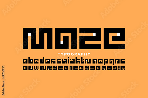 Maze puzzle style font design, labyrinth alphabet, letters and numbers