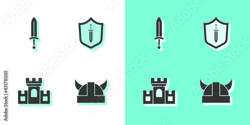 Set Viking in horned helmet, Medieval sword, Castle, fortress and shield with icon. Vector