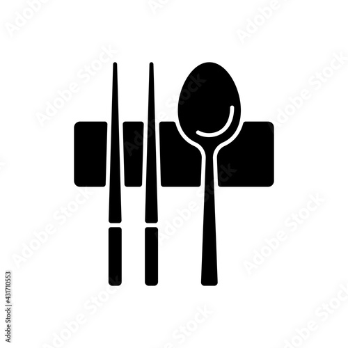 Sujeo black glyph icon. Metal chopsticks. Spoon for eating. Oriental tableware. Eastern cutlery. Asian cuisine. Korean culture. Silhouette symbol on white space. Vector isolated illustration