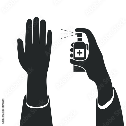 Hand disinfection with an antiseptic. Aseptic hand treatment. Prevention of infections. Vector illustration