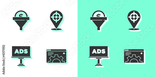 Set Browser setting, Lead management, Advertising and Target sport icon. Vector