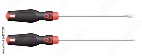 Realistic screwdrivers pair. Handyman tool instrument for screwing and unscrewing bolts